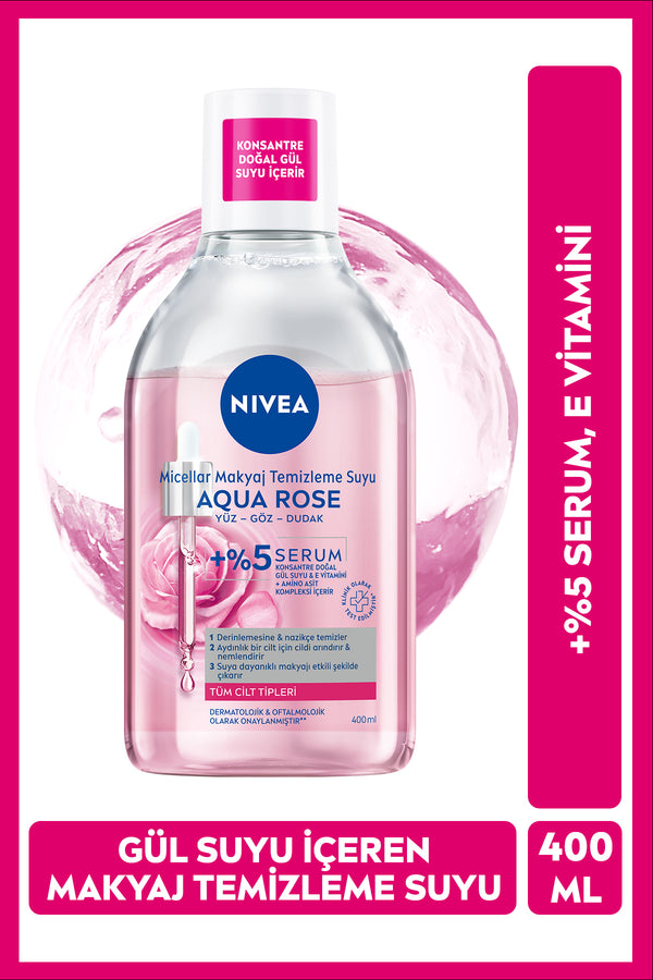 Aqua Rose Gül Suyu İçeren Çift Fazlı Micellar Makyaj Temizleme Suyu 400ml,Yüz Göz Dudak, Aydınlatıcı