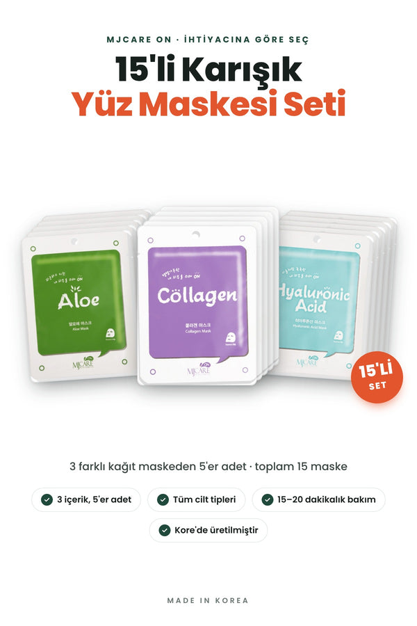 Mjcare 15'li Karışık Yüz Maskesi Seti - Aloe Vera, Kolajen ve Hyaluronik Asit Kağıt Maske (3x5)