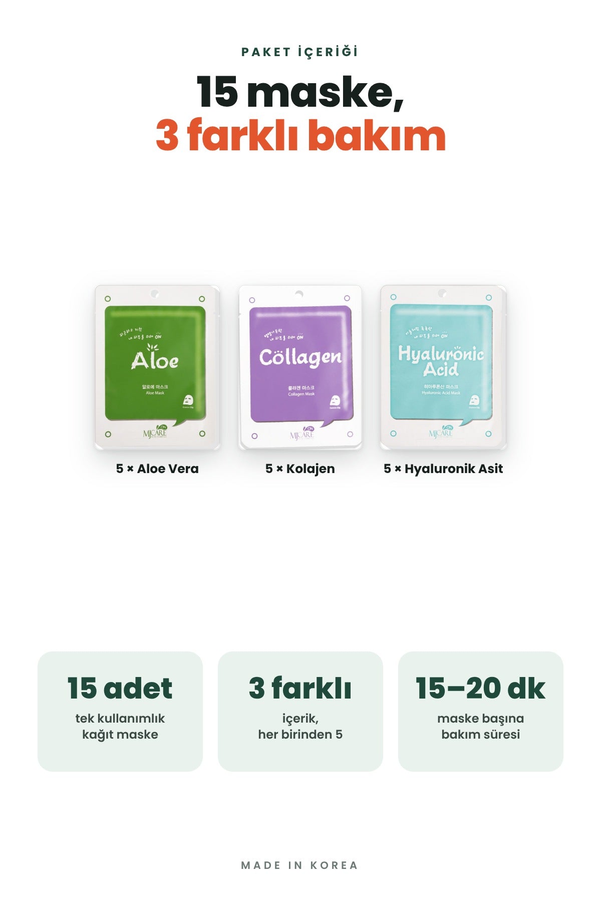 Mjcare 15'li Karışık Yüz Maskesi Seti - Aloe Vera, Kolajen ve Hyaluronik Asit Kağıt Maske (3x5) 5