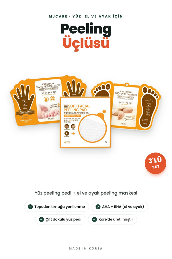 Mjcare Peeling Üçlüsü - Yüz Peeling Pedi + Soyulan El Peeling Maskesi + Soyulan Ayak Peeling Maskesi