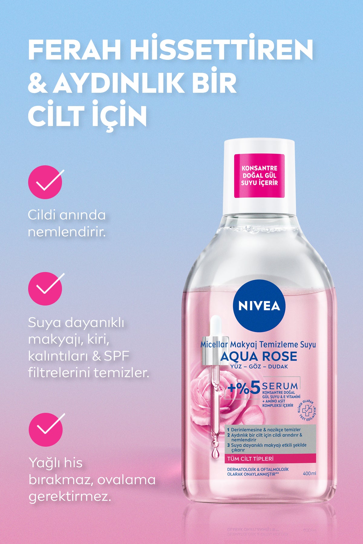 Aqua Rose Gül Suyu İçeren Çift Fazlı Micellar Makyaj Temizleme Suyu 400ml,Yüz Göz Dudak, Aydınlatıcı 3