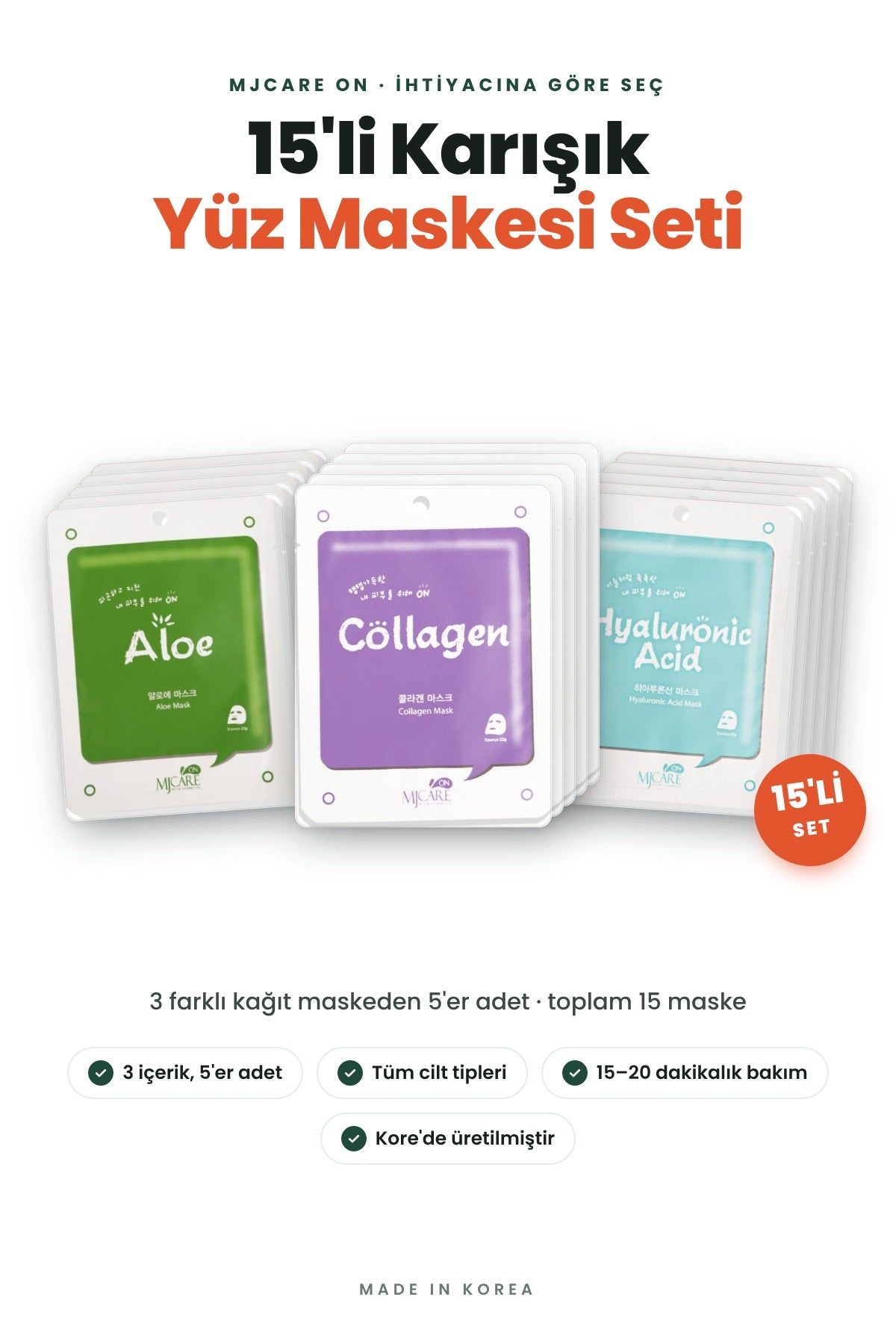Mjcare 15'li Karışık Yüz Maskesi Seti - Aloe Vera, Kolajen ve Hyaluronik Asit Kağıt Maske (3x5)