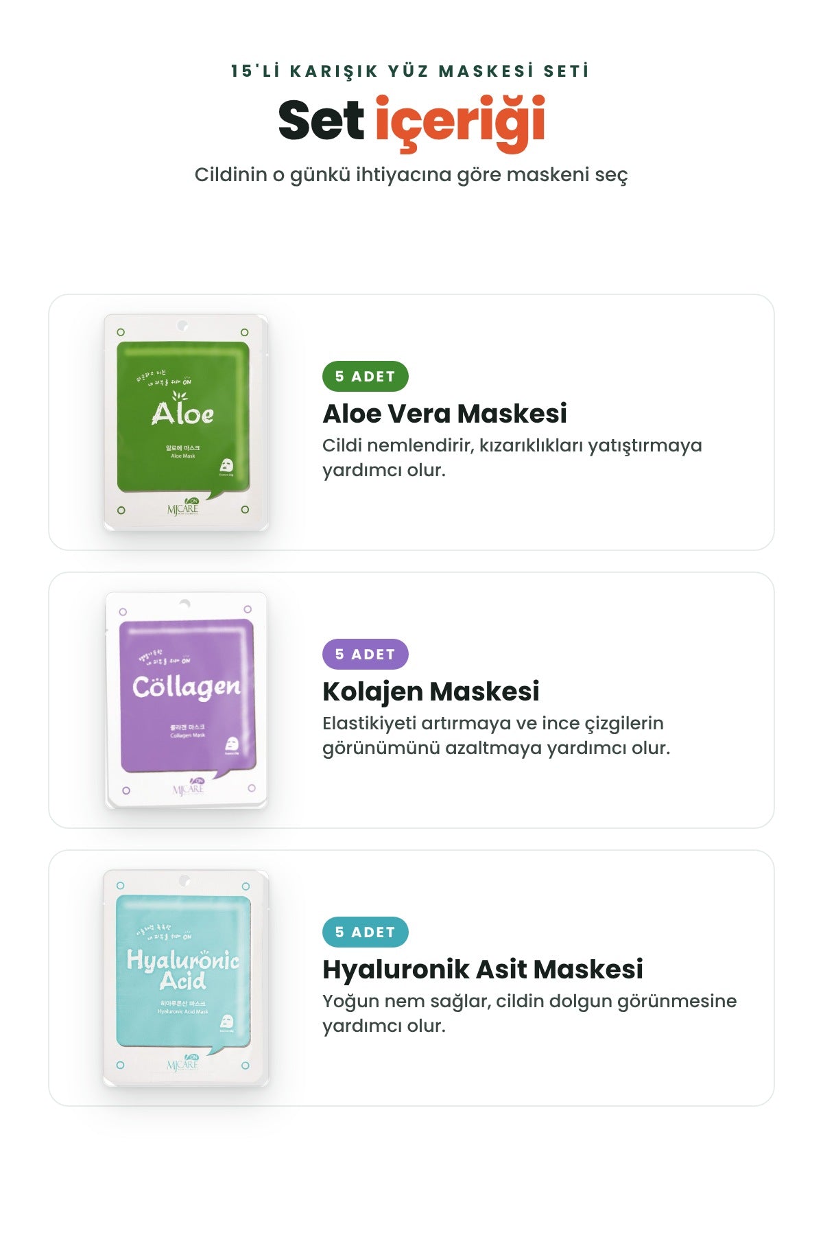 Mjcare 15'li Karışık Yüz Maskesi Seti - Aloe Vera, Kolajen ve Hyaluronik Asit Kağıt Maske (3x5) 2