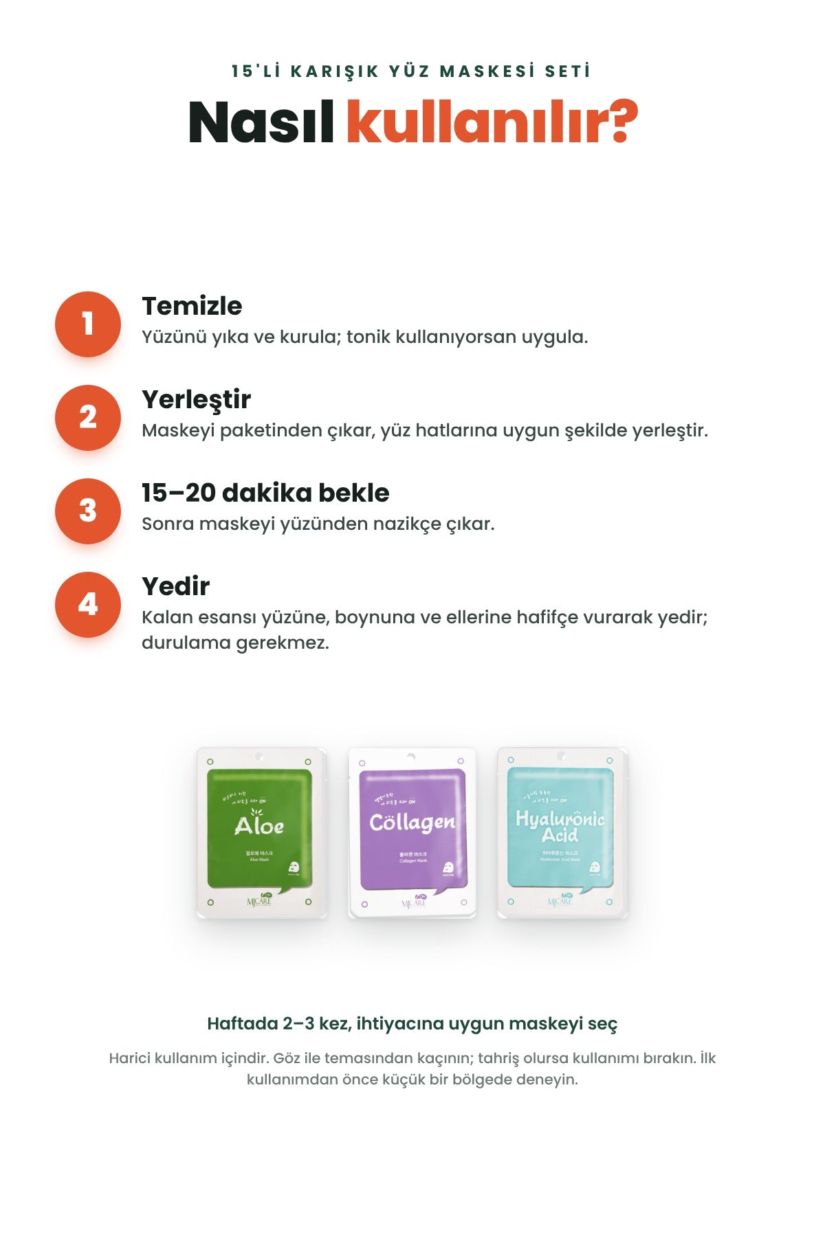 Mjcare 15'li Karışık Yüz Maskesi Seti - Aloe Vera, Kolajen ve Hyaluronik Asit Kağıt Maske (3x5) 4