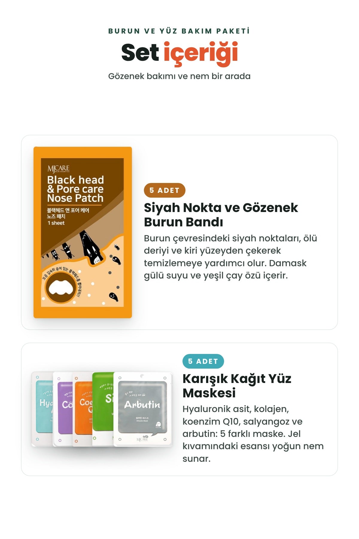 Mjcare Burun ve Yüz Bakım Paketi - 5'li Siyah Nokta Burun Bandı + 5'li Karışık Yüz Maskesi 2