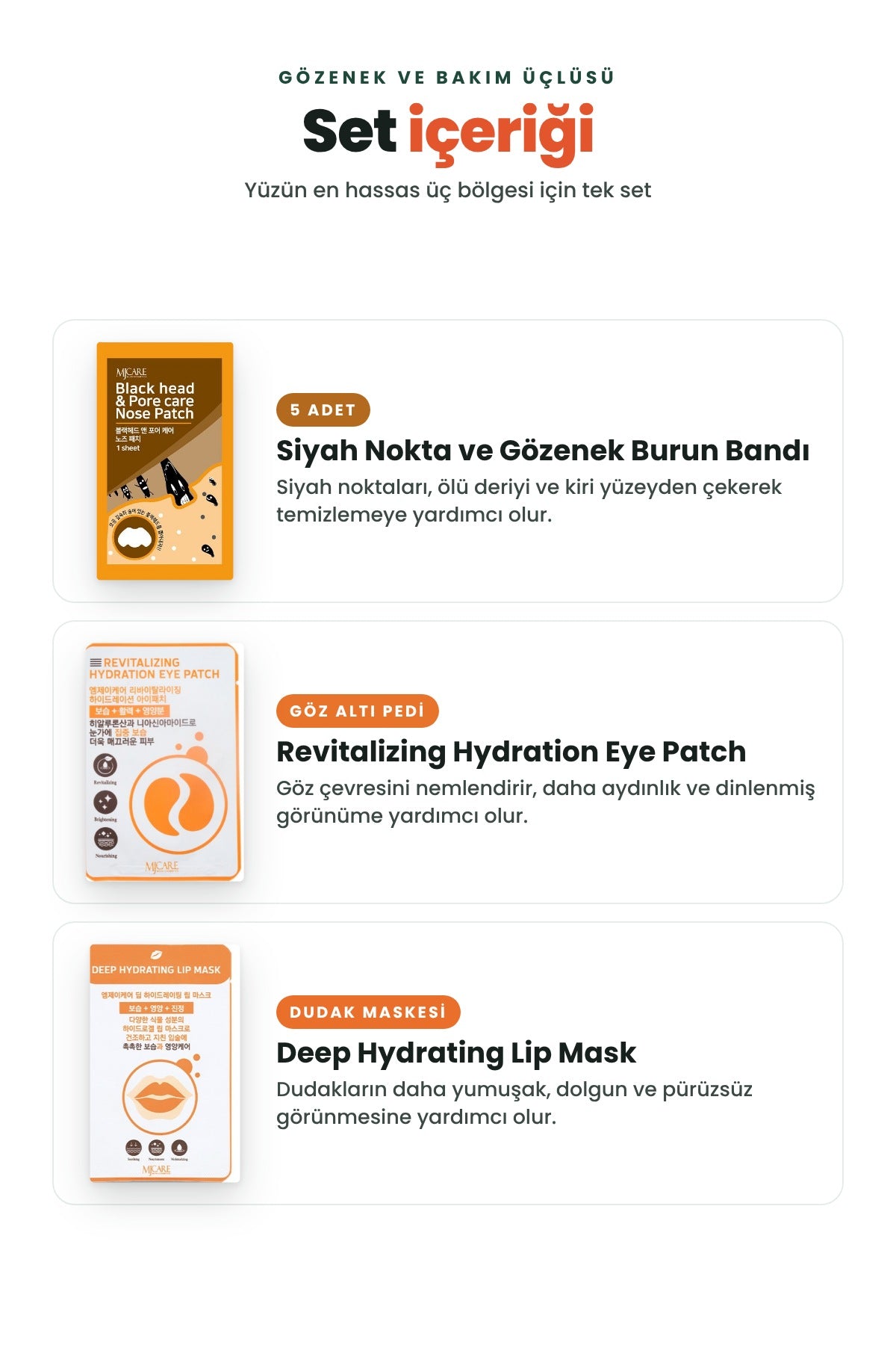 Mjcare Gözenek ve Bakım Üçlüsü - 5'li Burun Bandı + Göz Altı Pedi + Dudak Maskesi 2