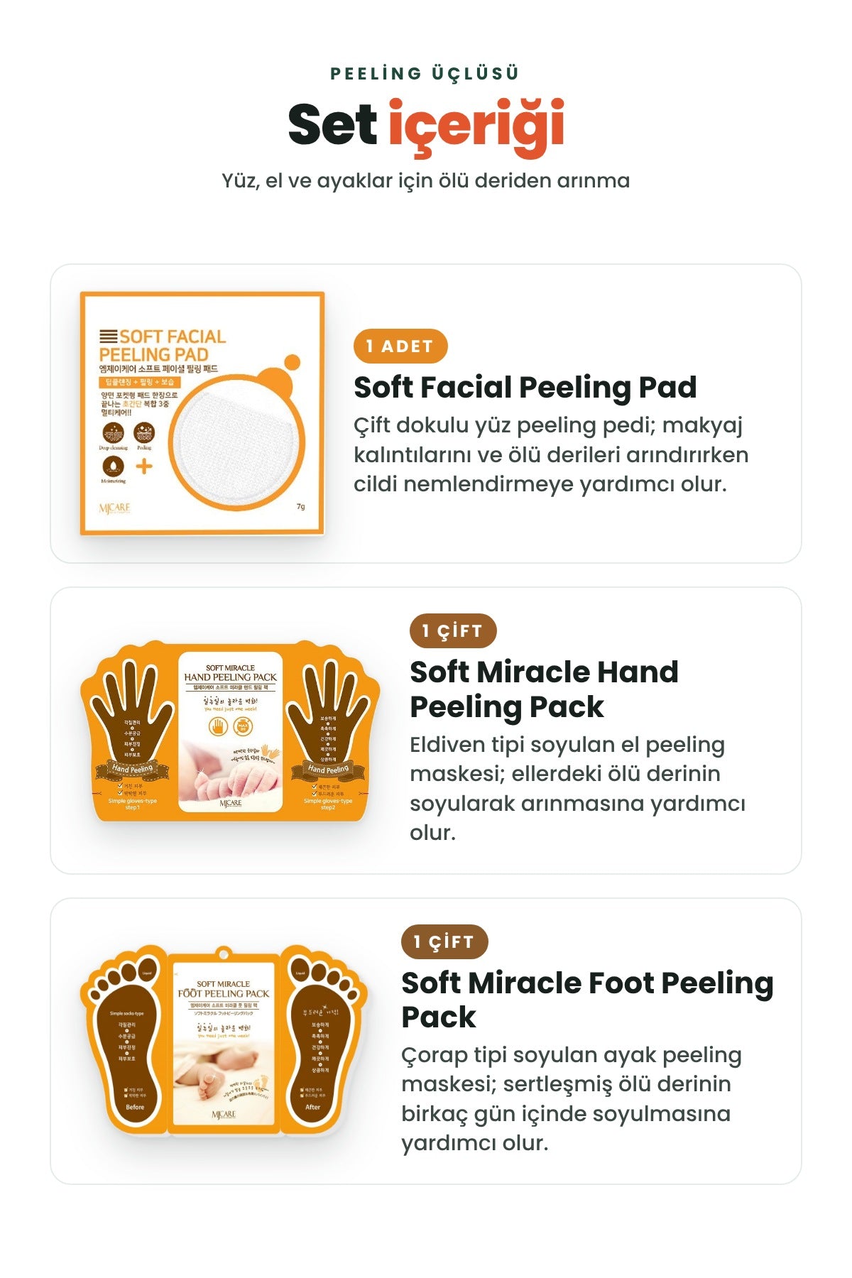 Mjcare Peeling Üçlüsü - Yüz Peeling Pedi + Soyulan El Peeling Maskesi + Soyulan Ayak Peeling Maskesi 2